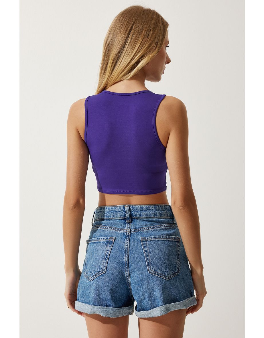 Women's Purple Halter Neck Crop Knitted Blouse - 4