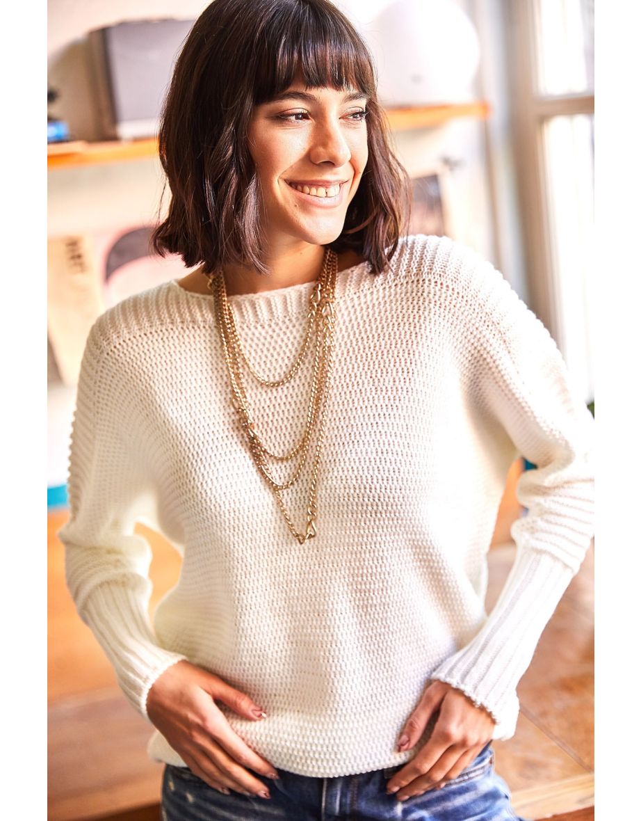 Women's Ecru Sleeve Detailed Honeycomb Knitted Sweater