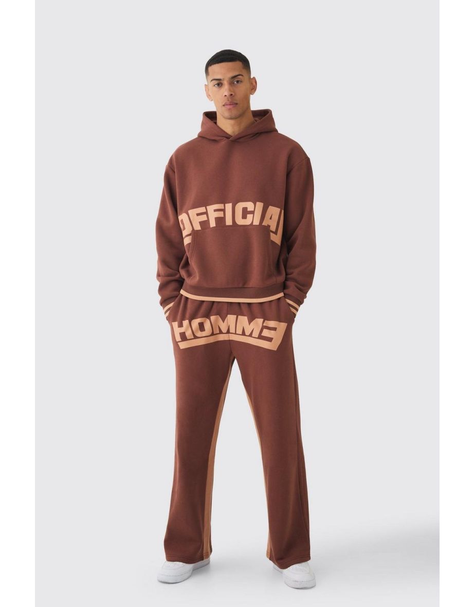 Oversized Boxy Official Graphic Stripe Rib Hooded Tracksuit - chocolate