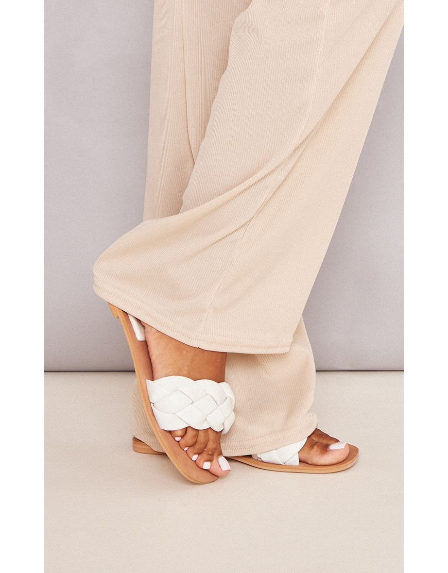 White Wide Fit Leather Extreme Padded Plaited Strap Flat Sandals - 3
