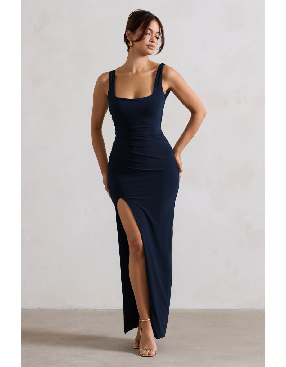 Kate | Navy Square Neck Maxi Dress with Plunge Back and Side Thigh Split