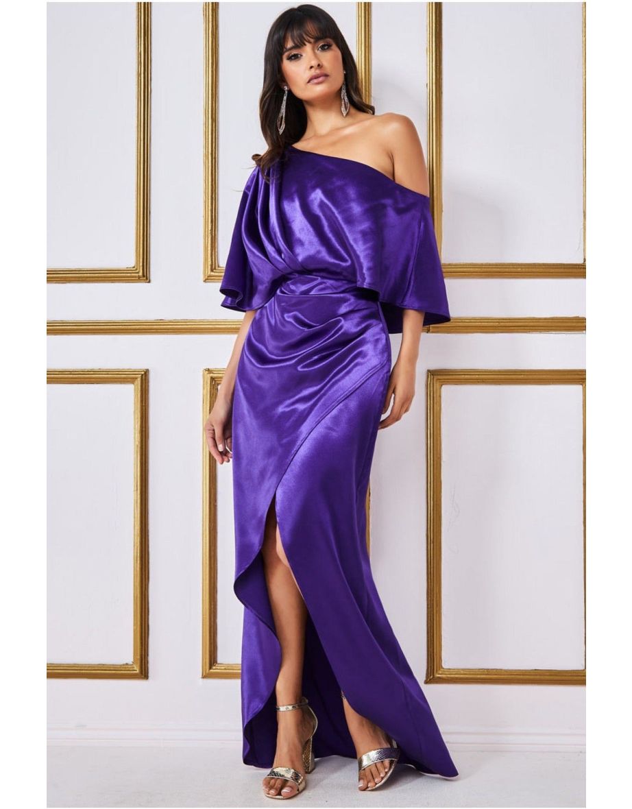 Goddiva Satin Drape Shoulder Wrap Maxi Dress - Purple