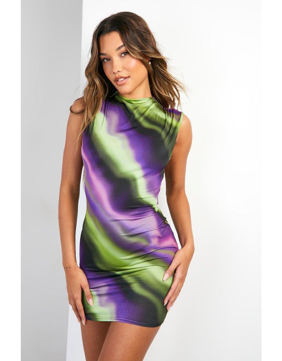 Abstract Slinky High Neck Mini Dress - purple