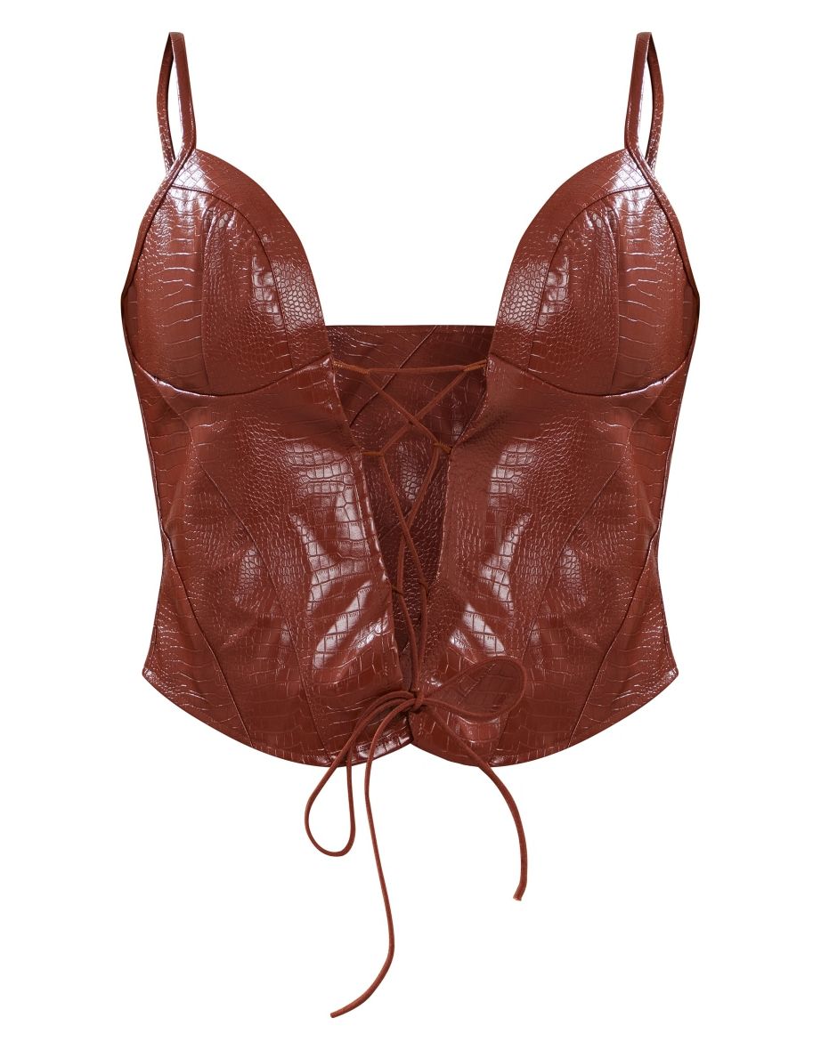 Tan Croc Pu Lace Up Corset Top - 4
