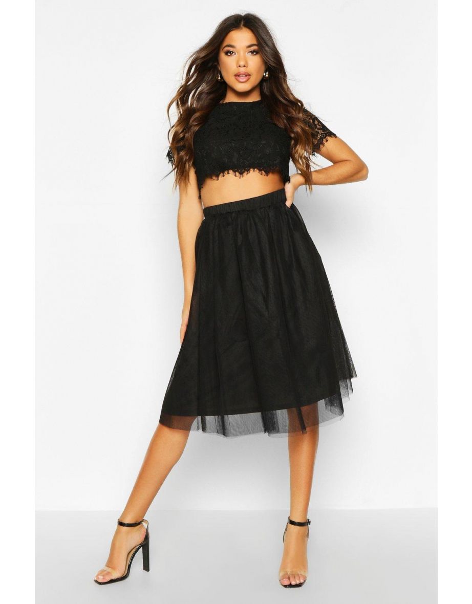 Woven Lace Top & Contrast Midi Skirt Co-Ord Set - black - 3