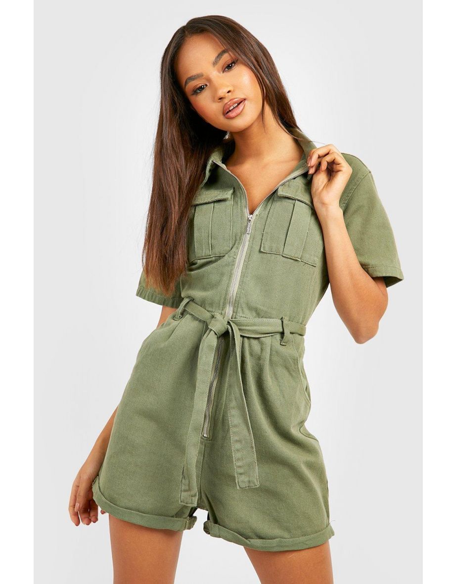 Belted Cargo Denim Playsuit - khaki - 3