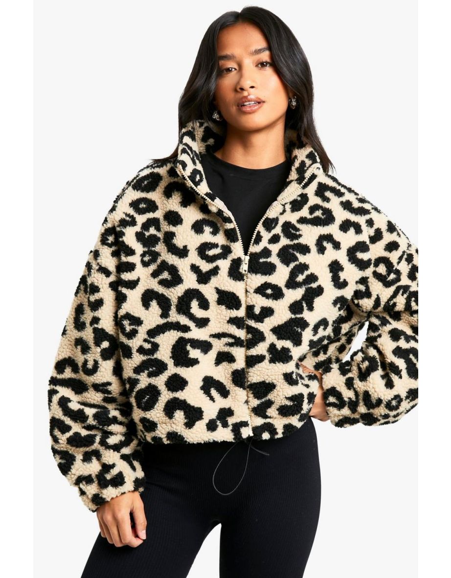 Petite Boxy Leopard Print Teddy Bomber Jacket
