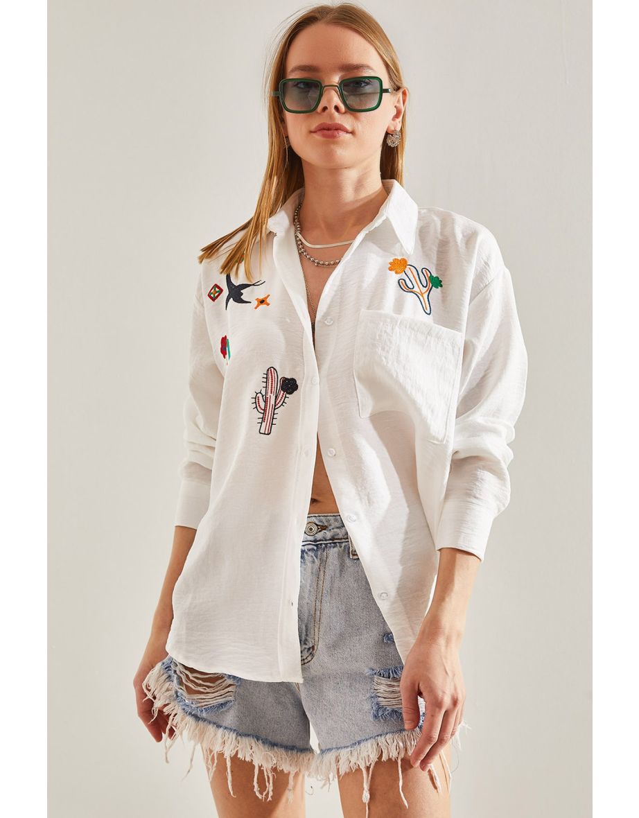 Women's Embroidered Linen Shirt - 7