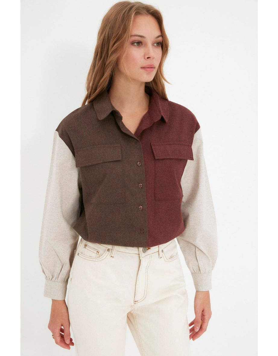 Brown Color Block Woven Shirt with Buttons
