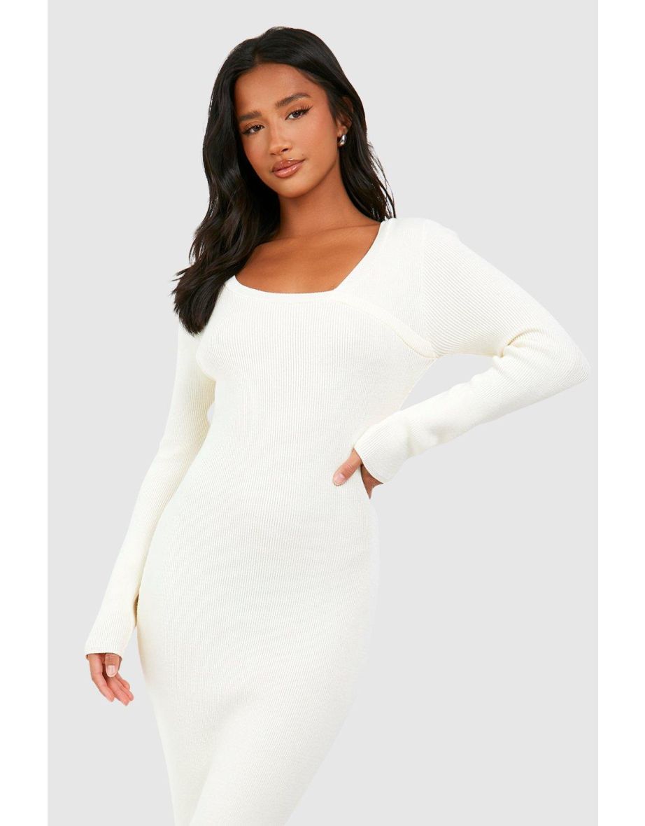 Petite Knit Long Sleeve Seam Detail Midaxi Dress - cream - 3