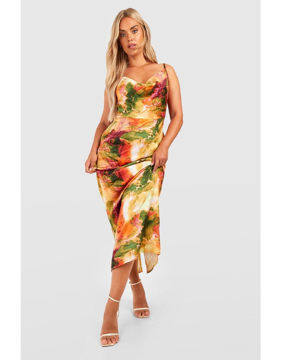 Plus Marble Printed Satin Maxi Dress - multi