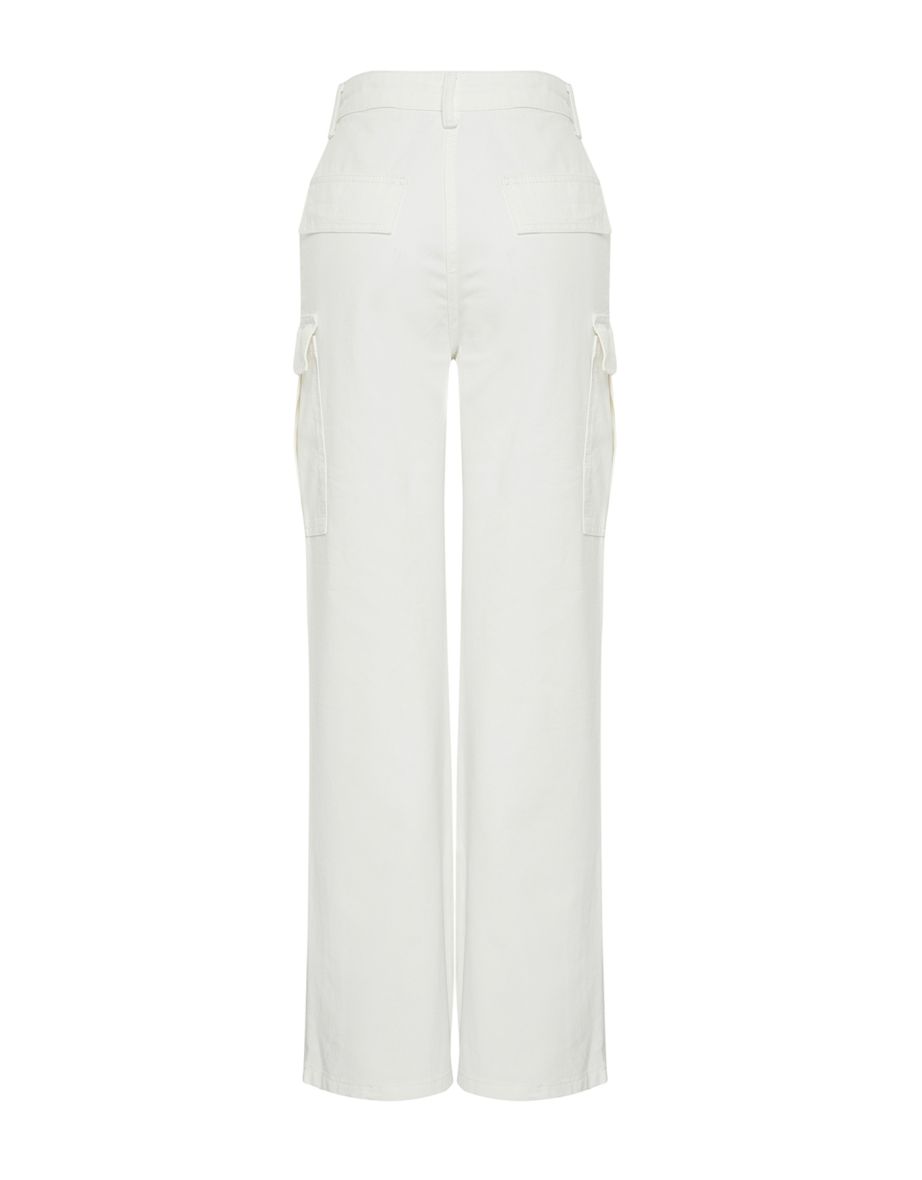 Beige More Sustainable Zipper Detail High Waist Wide Leg Jeans with Cargo Pocket - 7