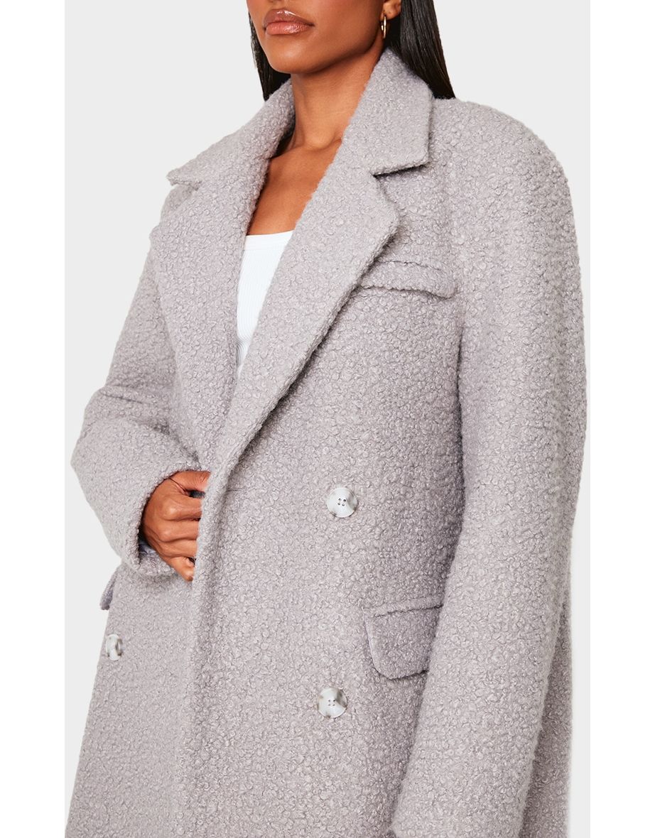 Light Grey Boucle Double Breasted Structured Maxi Coat - 3