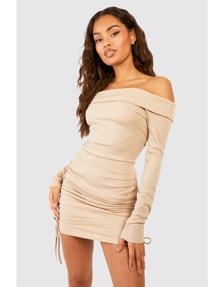 Shop Bardot Ruched Long Sleeve Ribbed Mini Dress Online in Bahrain VogaCloset