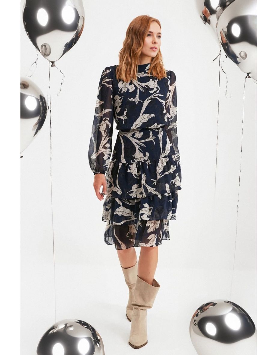 Navy Chiffon Column Midi Dress with Long Sleeves - 5