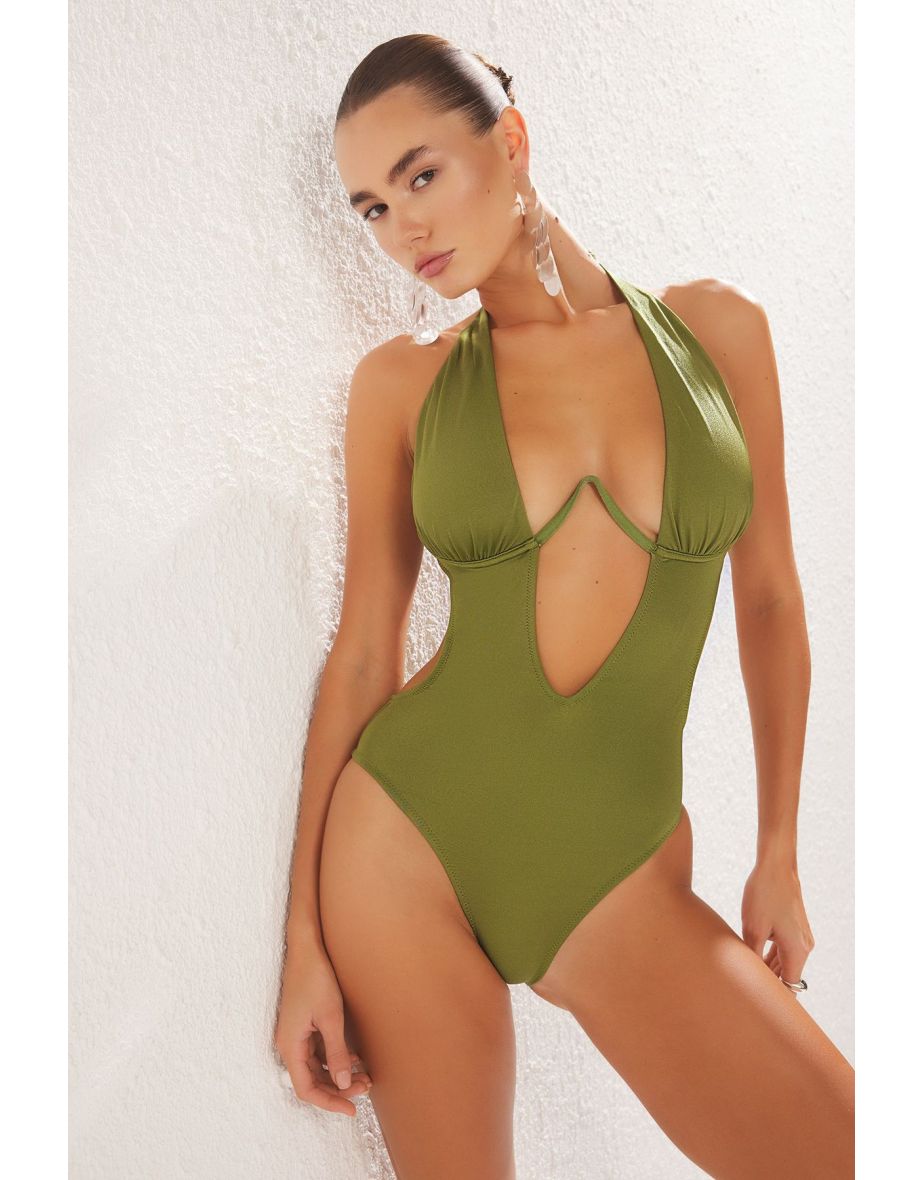 Khaki Balconette Inverted V Underwire High Leg Brazilian Swimsuit