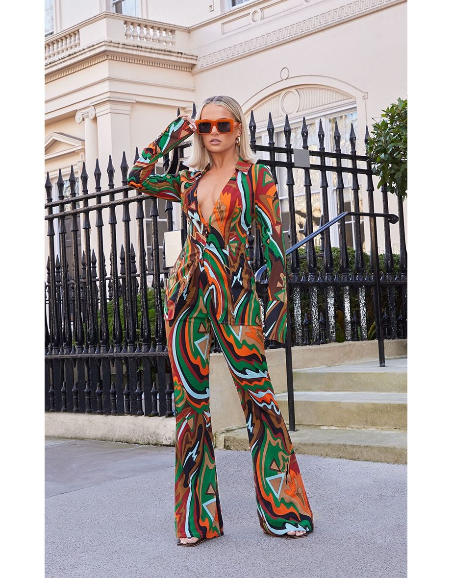 Multi Abstract Print Chiffon Flare Trousers