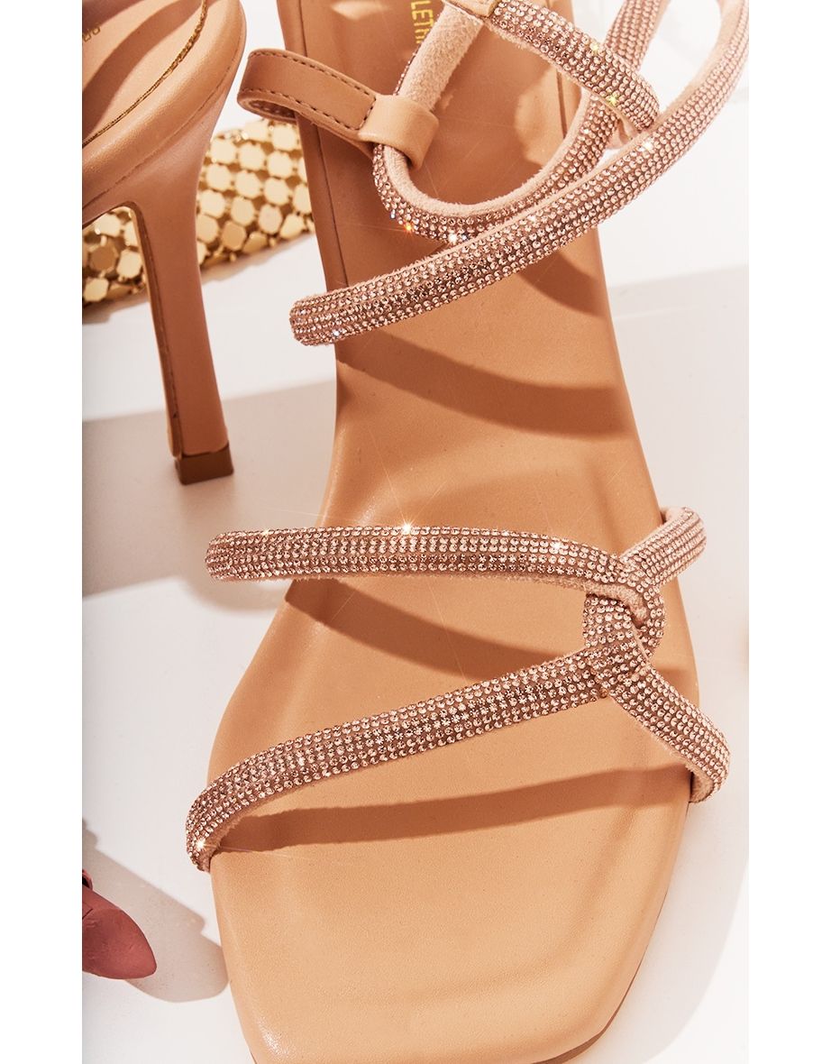 Beige Pu Square Toe Diamante Strappy High Heeled Sandals - 3