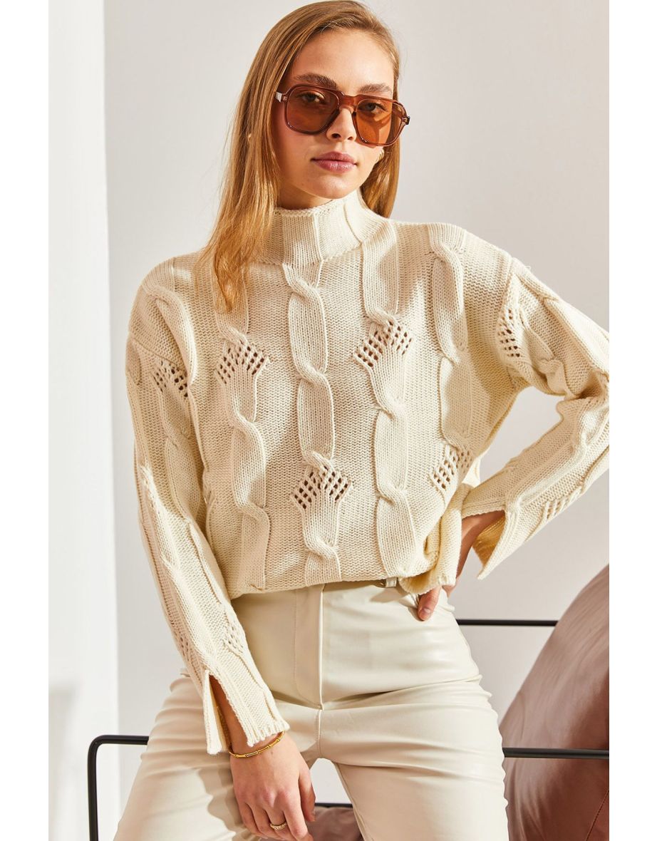 Women's Half Turtleneck Hair Knitted Patterned Knitwear Sweater - 6
