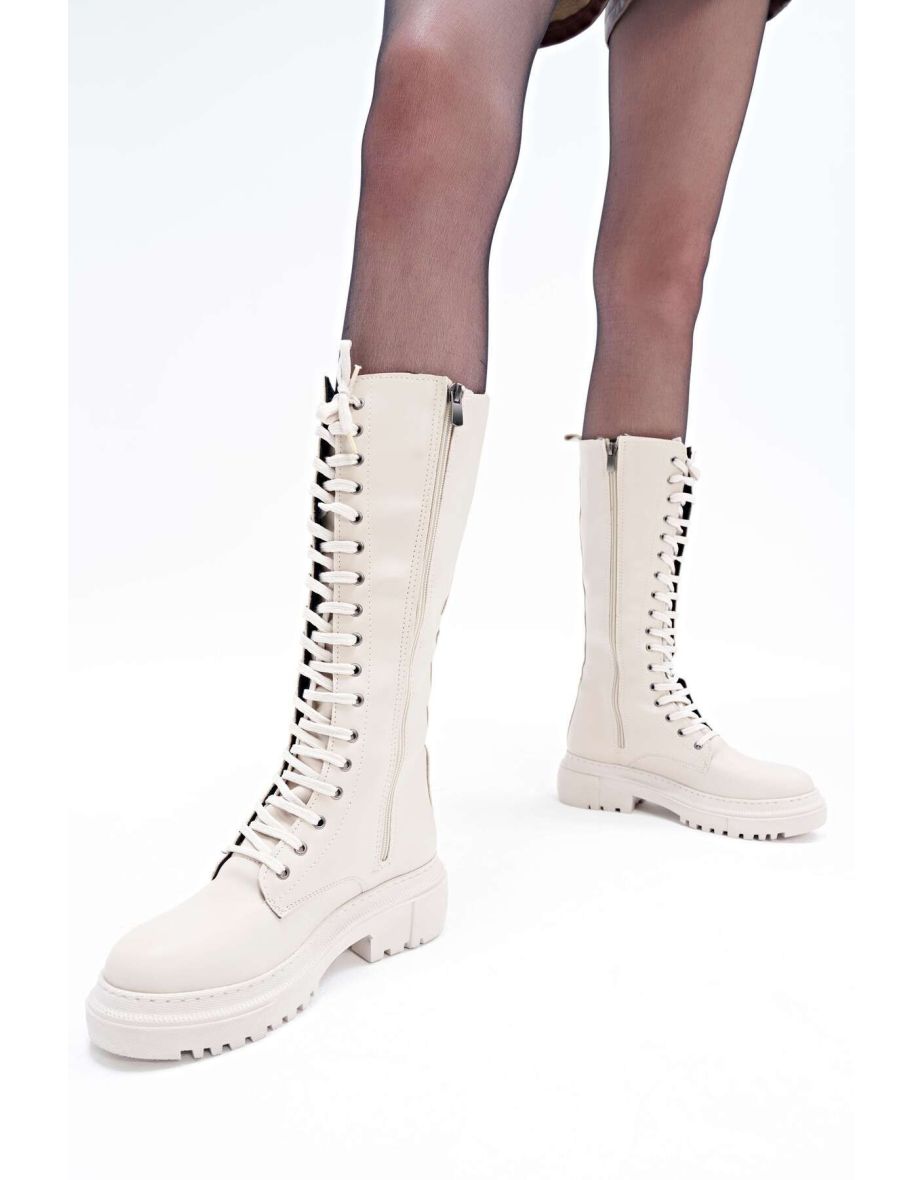 Knee-High Boots - Beige - Block