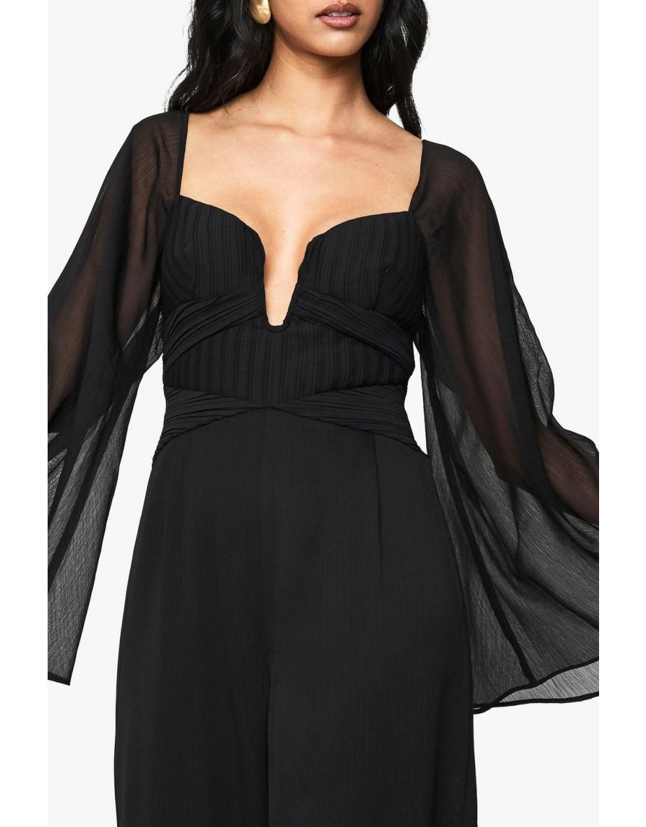 Chiffon Pleated Long Sleeve Jumpsuit - black - 3