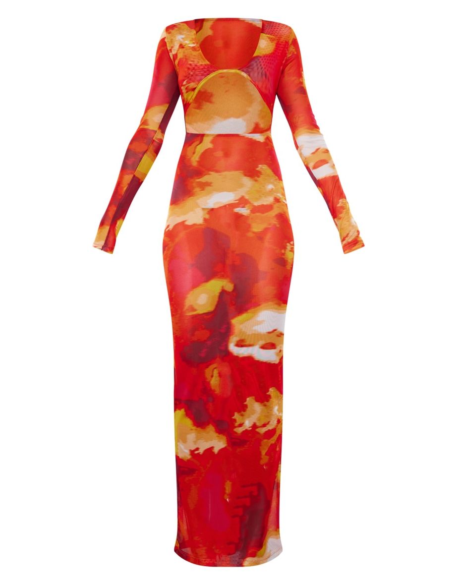 Red Abstract Print Cut Out Long Sleeve Mesh Maxi Dress - 3