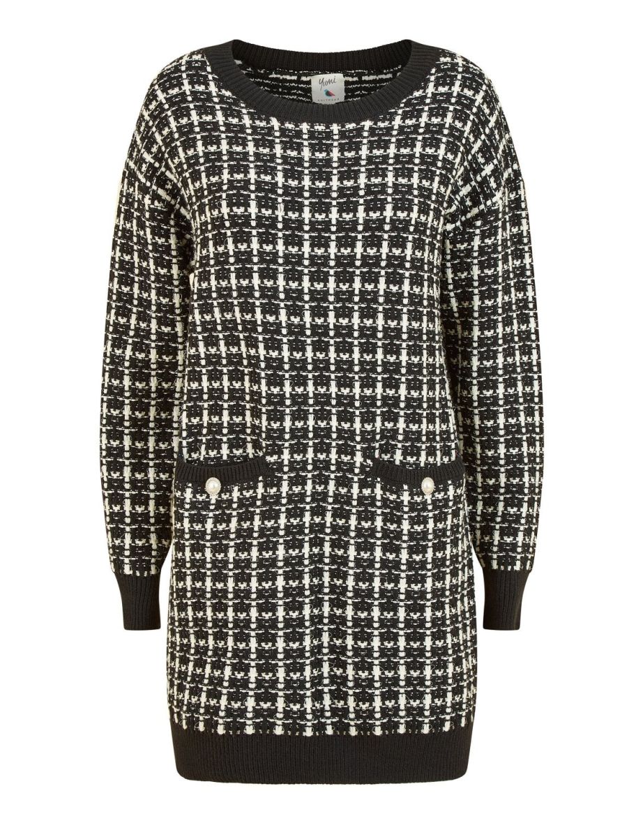 Yumi Black Checked Knitted Tunic Dress - 5