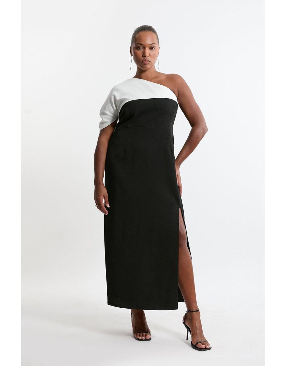 Plus Size Structured Crepe Asymmetric Cape Detail Tailored Dress