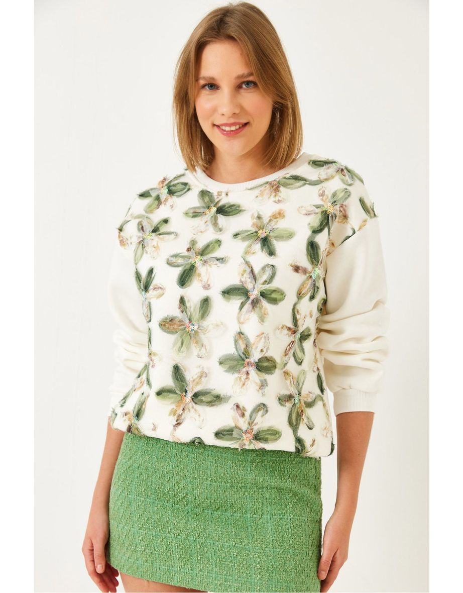 Women's Tulle Flower Detailed Three Thread Raised Sweatshirt