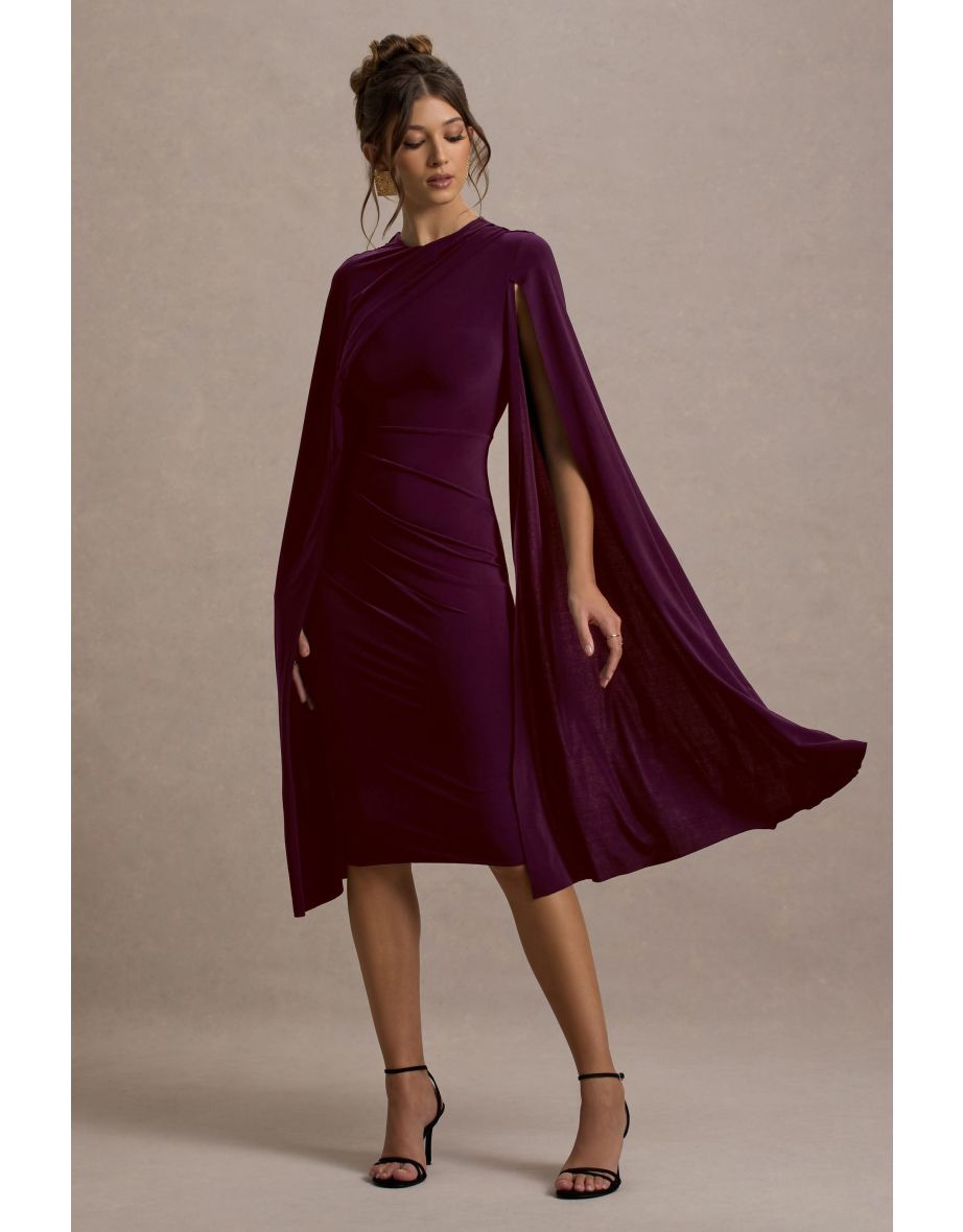 Marysol | Plum Asymmetric Cape Midi Dress