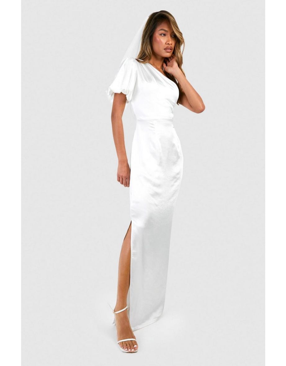 Satin Puff Sleeve Asymmetric Maxi Dress - white