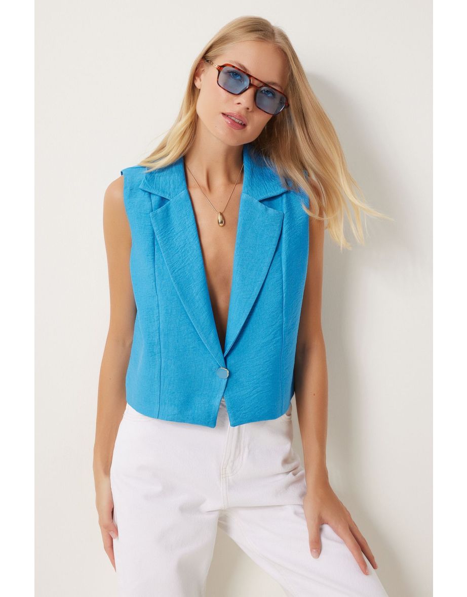 Women's Sky Blue Buttoned Linen Vest