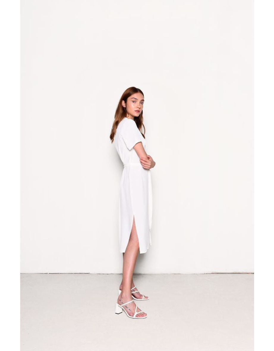 Glamorous White V-Neck Belted Midi Dress - 2
