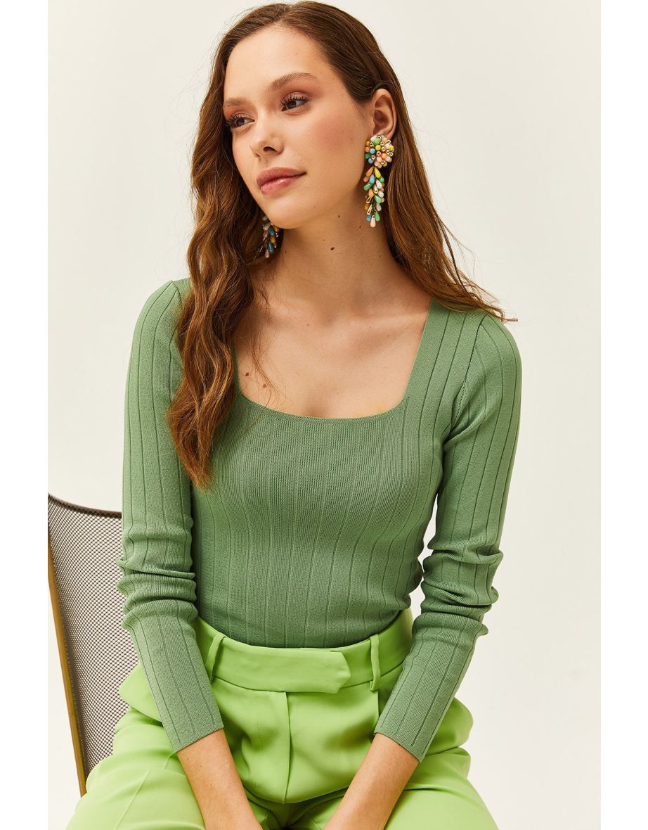Women's Almond Green Square Neck Thick Ribbed Knitwear Blouse