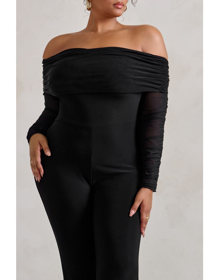 Black Ruched Mesh Bardot Jumpsuit - 6