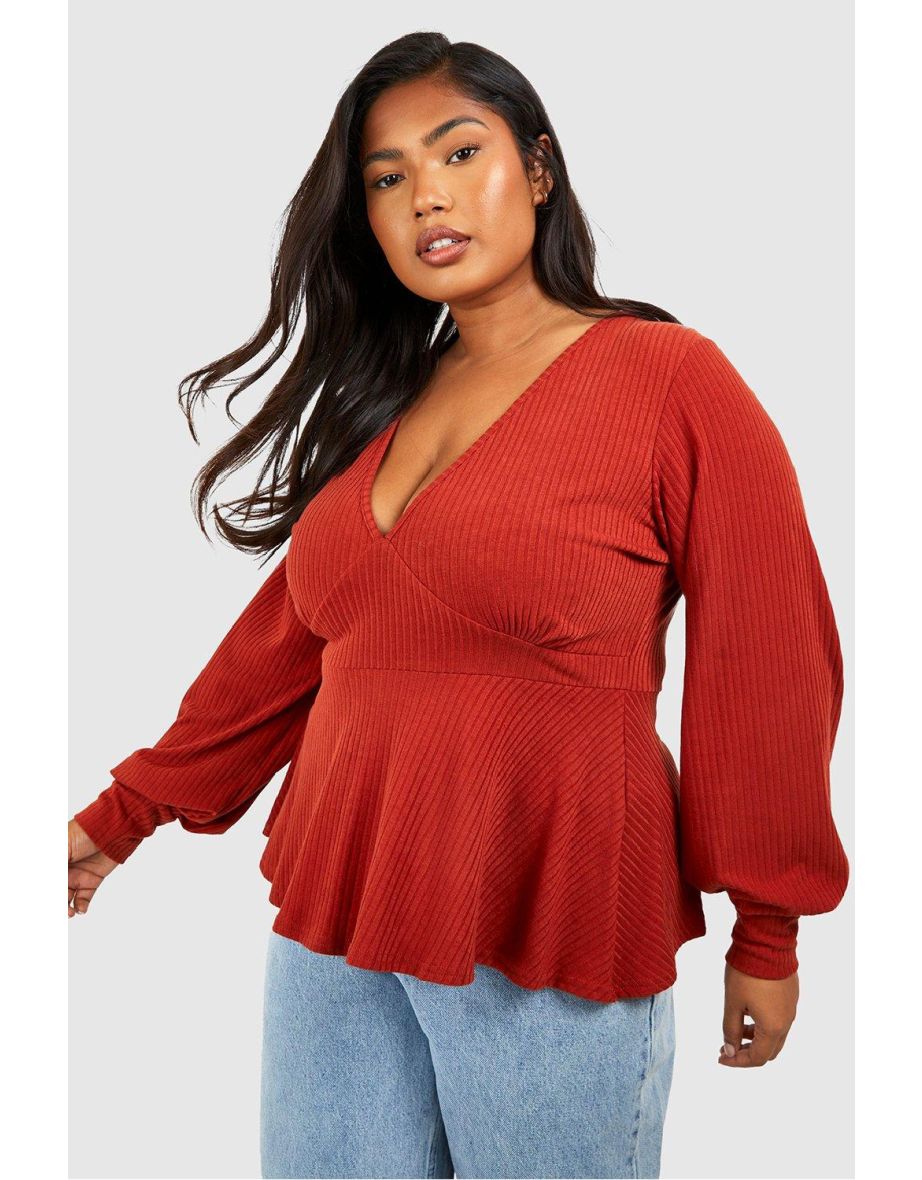 Plus Soft Rib Plunge Peplum Top - rust