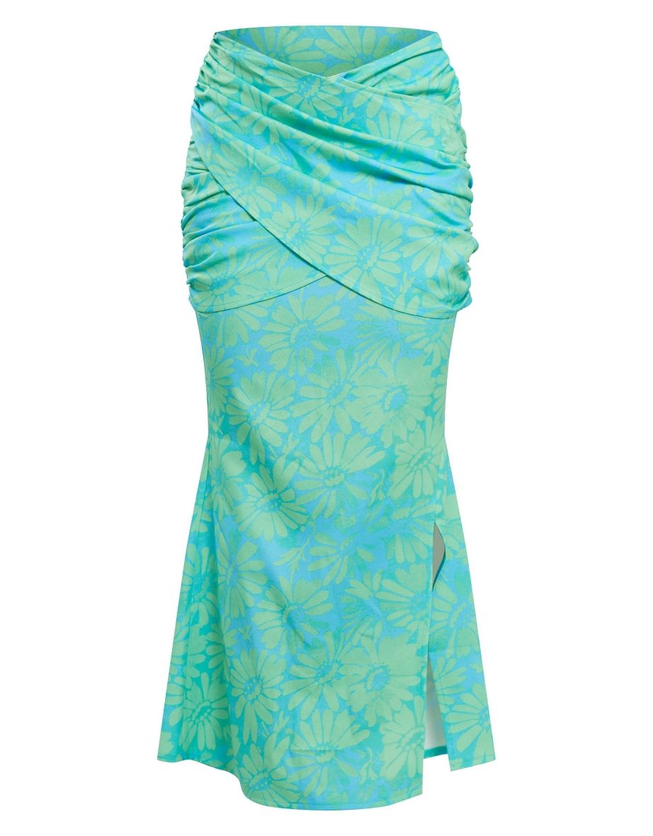 Turquoise Print Woven Drape Front Midaxi Skirt - 4