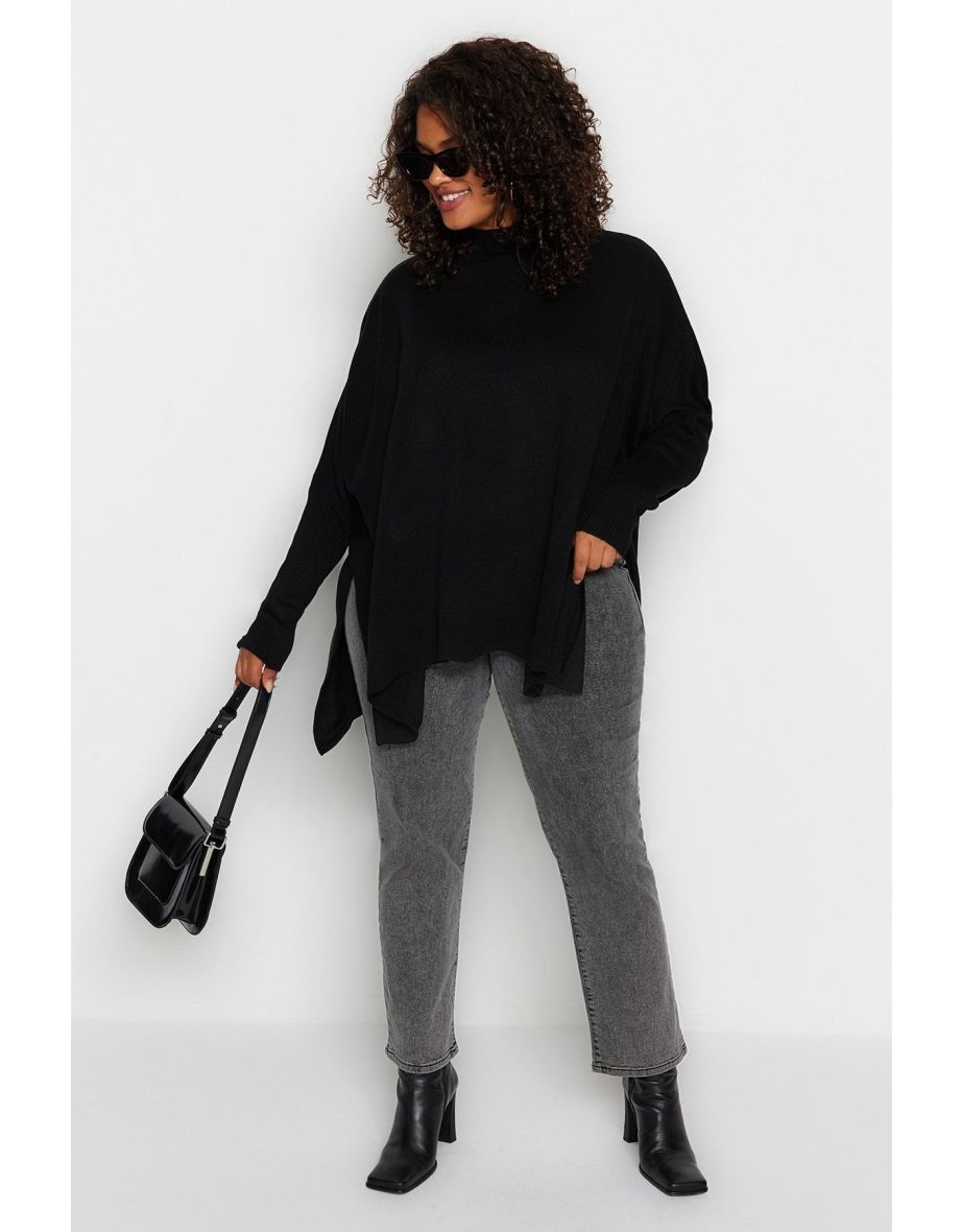 Black Stand Collar Slit Detail Relax Fit Knitwear Sweater