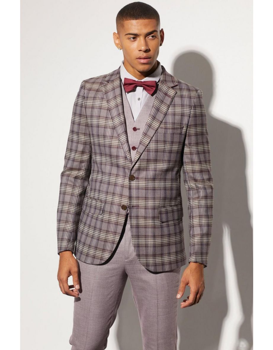 Slim Single Breasted Check Suit Jacket - red