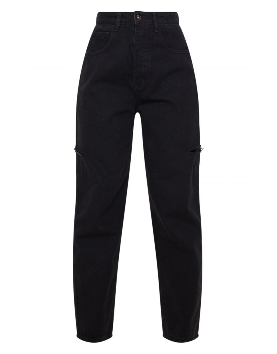 Washed Black Thigh Split Baggy Boyfriend Jeans - 4