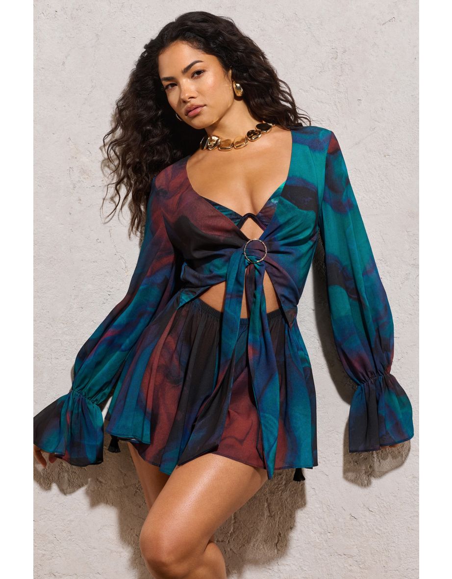 Rosalia | Blue Print Plunge-Neck Long-Sleeve Gathered Playsuit
