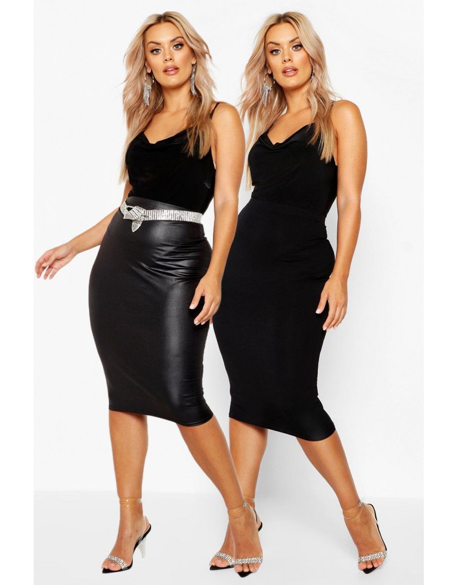 Plus 2 Pack Leather Look + Jersey Midi Skirt - black