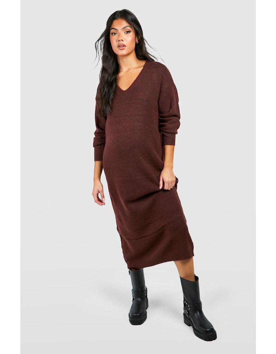 Maternity Slouchy Soft Knit Maxi Knitted Dress - chocolate
