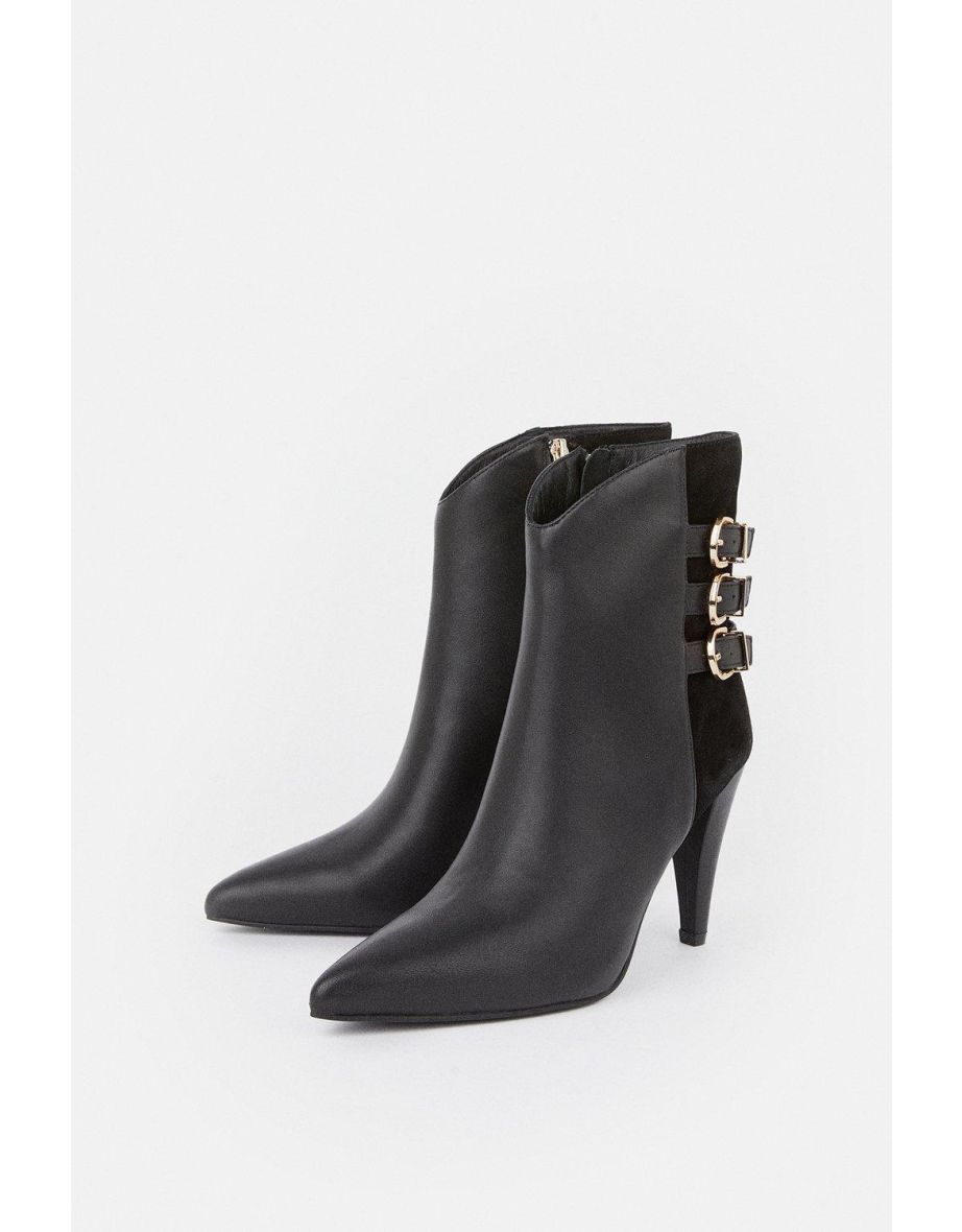 Leather And Suede Cone Heel Buckle Boot - 3