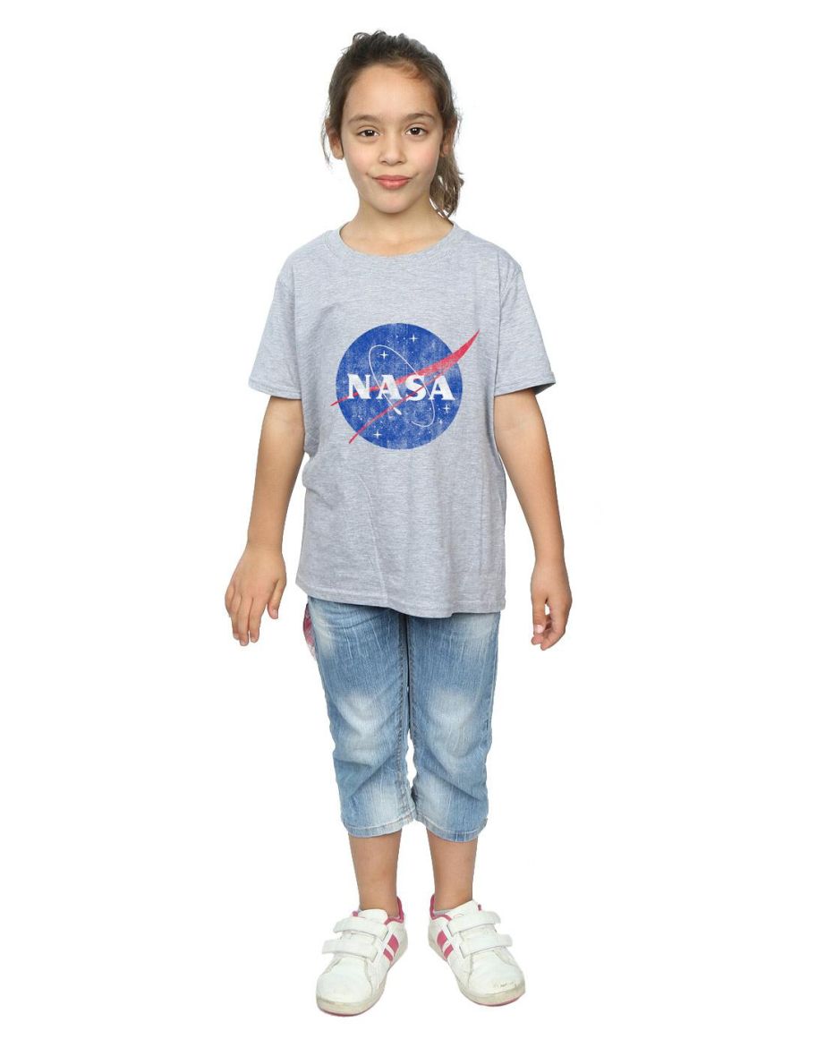 NASA Girls Classic Insignia Logo Distressed Cotton T-Shirt - Sports Grey - 3
