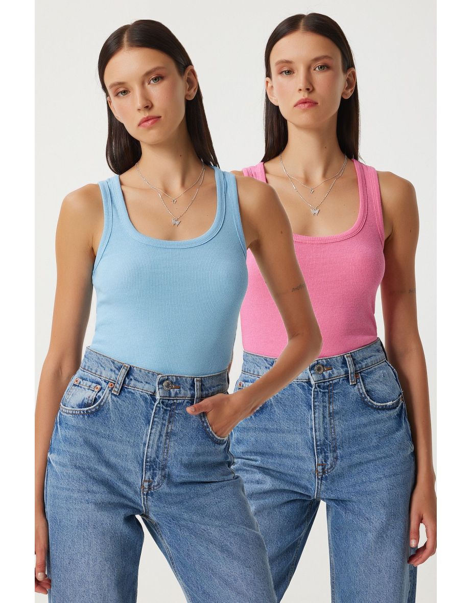 Women's Pink Sky Blue 2-Piece Ribbed Thick Strappy Knitted Undershirt