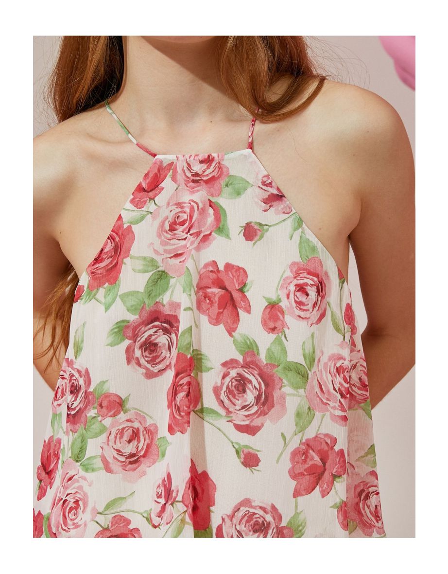 Pink Floral Halter Neck A-Line Maxi Smock Dress with Ruffles - 4