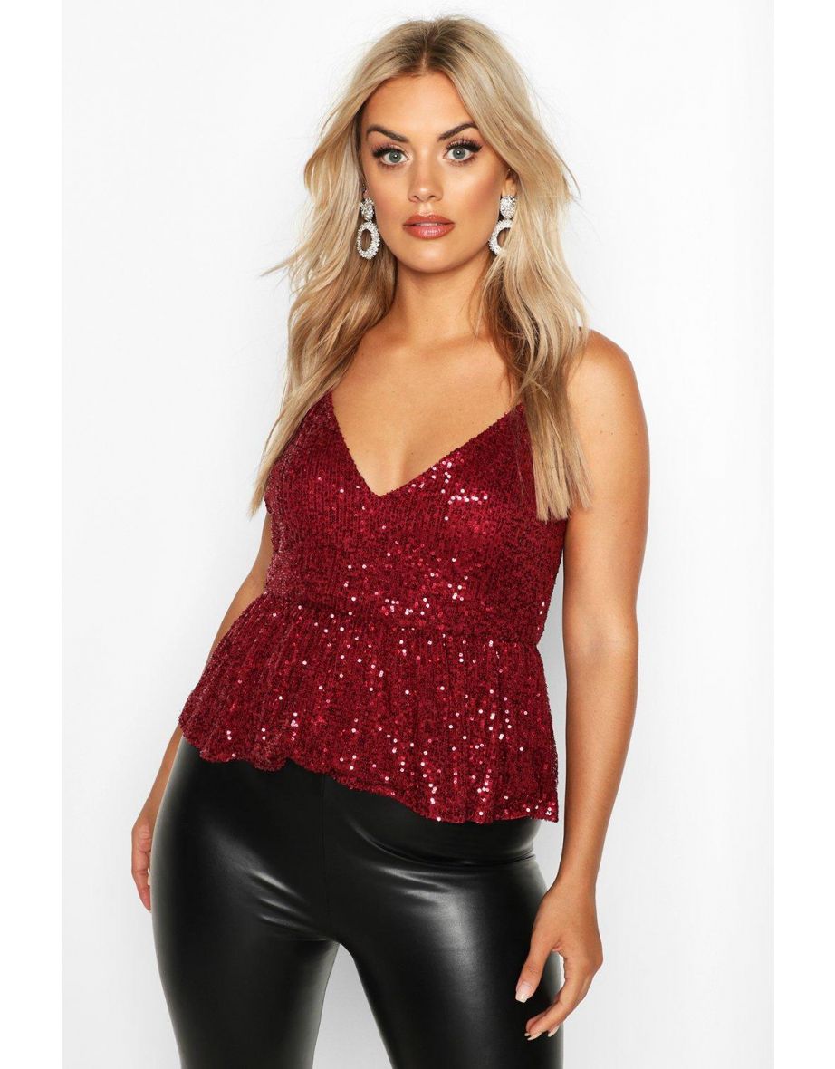 Plus Sequin Peplum Cami - wine