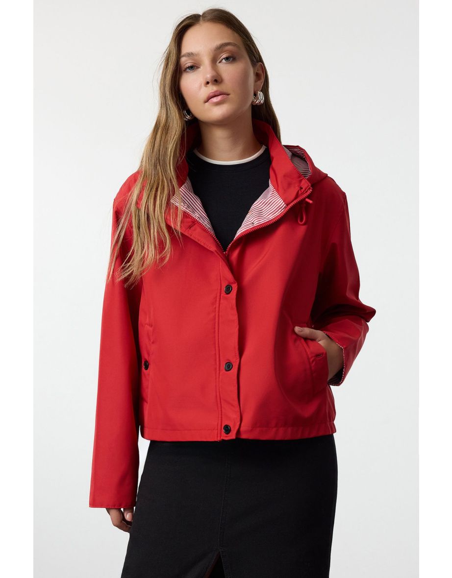 Red Oversize Striped Lined Short Raincoat