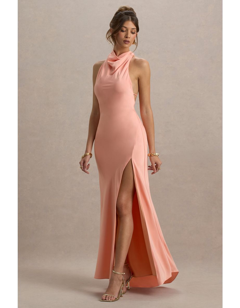 Priero | Peach Cowl Halter-Neck Open Back Maxi Dress - 5